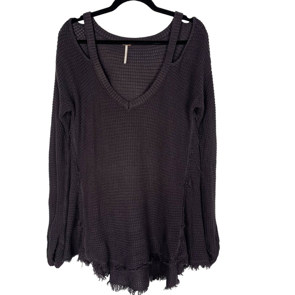 Free People Small Gray Moonshine VNeck Sweater Cotton Cut Out Raw Cut Waffle